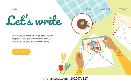 Web Banner With Female Hands Holding Card With Flowers. Paper Letter With Greeting Birthday Or Spring Holiday Sending Or Receiving In Mail Envelope. Flat Vector Illustration.