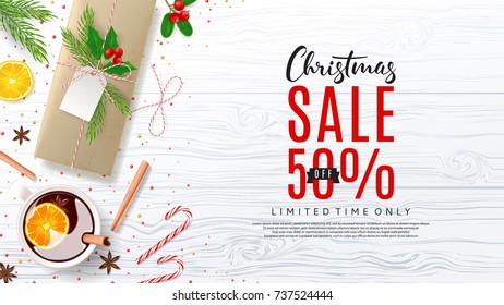 Web Banner with Festive Composition for Christmas Sale. Top View on Xmas Decoration with Paper Gift Boxes for Happy New Year. Vector Illustration with Discount Offer. Greeting Card with Lettering.