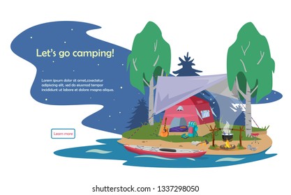Web banner in flat cartoon style inviting to camping, hiking, kayaking, active recreation, travelling.  Night summer camp with tent under awning, campfire on river coast.