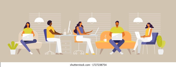 Web banner in flat design. Freelance people work and study together in modern office. Business teamwork concept. Vector illustrations, isolated 