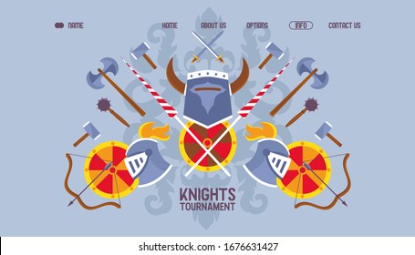 Banner web torneo de caballero plano, espada caballerosa, escudo, casco, hacha, imagen vectorial de mace. Contáctenos, sobre nosotros, casa, botón de opciones. Plantilla de diseño de sitio web, empresa de afiches.