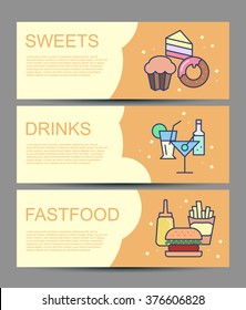 web banner in flat line design. Banners for cafes and fast food restaurants. Banners diner