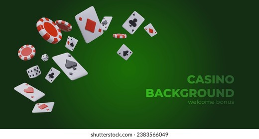 Web banner with flying playing cards, red chips for poker, and cubes. Concept of online casino with green background. Vector illustration in 3D style with place for text