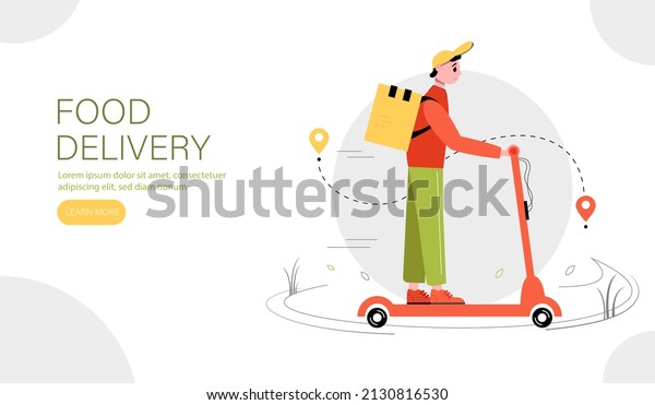 Web banner for food delivery. Fast and free\
delivery by courier on a scooter. Delivery service concept. Vector\
illustration.