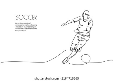 Web banner with football, soccer player and ball one line art. Continuous line drawing of promotion poster, game, sport, soccer ball, activity, training, running, cleats.