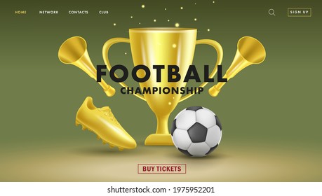 Web banner with fottball tournament 3d golden attributes like ball, golden boot and horn, first place cup