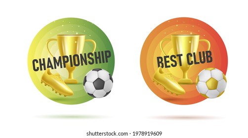 Web banner with fottball tournament 3d golden attributes like ball, golden boot and horn, first place cup