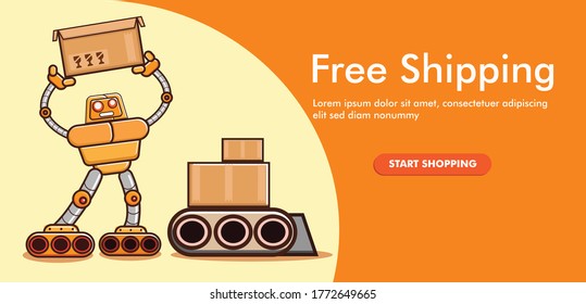 Web banner for free shipping delivery Services and E-Commerce with Robot holding a delivery package.free shipping banner. Flat elements isolated vector illustration concept 