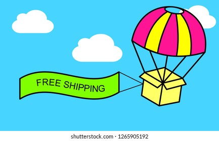 Web banner for Free shipping or E-Commerce. Packages are flying on parachutes. Flat vector illustration.
