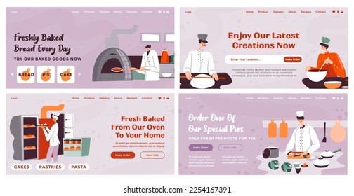 Banner web con publicidad de pan recién horneado. Carácter de cocinero de hombre plano hacer pastelería, colección de páginas de aterrizaje, ilustración vectorial. Solicitar artículos de almacén en línea, ofrecer diseño de sitio web