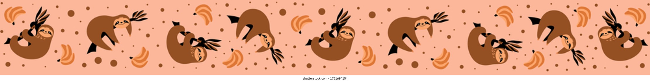 Web banner with funny sloths and bananas. Social media cover image. Flat vector illustration.
