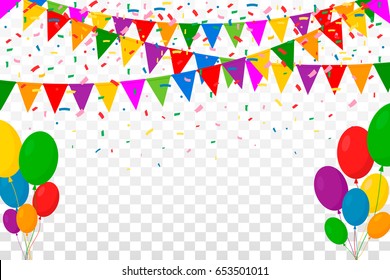 Web Banner with Garland of Colour Flags, Confetti and Balloons on Transparent Background. Space for Your Text. Vector Illustration. Flat Design. EPS 10.