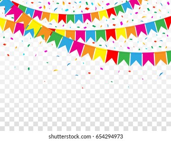 Web Banner with Garland of Colour Flags and Confetti on Transparent Background. Vector Illustration. Flat Style.