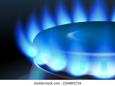 Web banner gas flame of blue color from a comforter with a place for text, concept. 3D realistic style. Vector illustration.