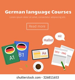 Web banner for german language courses with phrase Hello, books, coffee, tablet and dialogs.