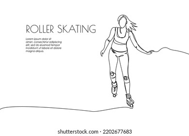 Web banner with girl rollerblading one line art. Continuous line drawing of promotion poster sports, training, sport, rollers, skating, tricks, street culture, subculture, urban, extreme, youth woman.