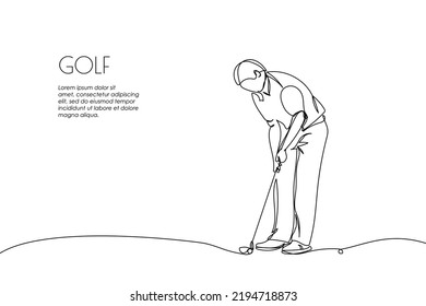 Web banner with golf player and club, ball one line art. Continuous line drawing of promotion poster, game, golf, player, relaxation, competition, club, hole, status, sport.