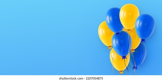 Banner web o plantilla de diseño de tarjeta de saludo con globos de helio azules y amarillos y espacio de copia en blanco a la izquierda en fondo azul claro. Ilustración vectorial 3D realista