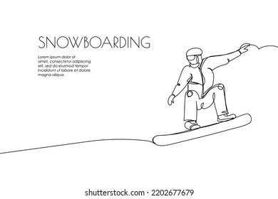 Web banner with guy riding a snowboard one line art. Continuous line drawing of promotion poster sport, winter sports, do tricks, snowboarding, competition, extreme, uniform, man, leisure, hobby.
