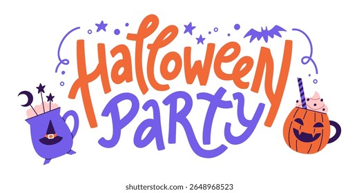 Web banner "Halloween party" with funny mugs. Vector hand lettering phrase with spooky doodle elements isolated on white background. Handwritten text for invitation, card, or print. 