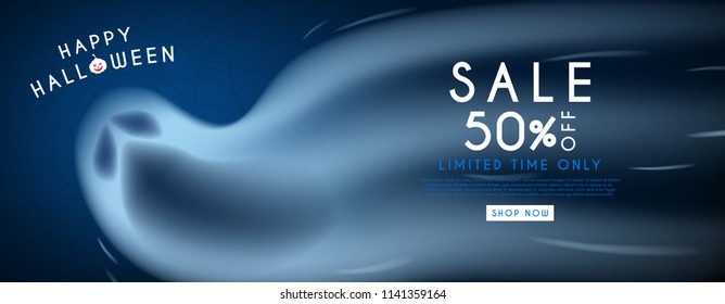 Web banner for Halloween sale. Vector illustration with realistic ghost on dark blue background with spider web pattern. Seasonal offer with discount.