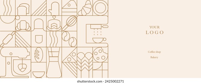 Web banner. Hand drawn illustration of Bakery and Coffee. Icons. Bread, bakery products,  dish, food processor, wheat. Abstract geometric line background. Gold luxury