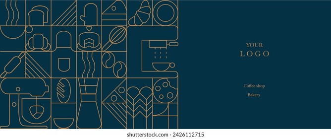 Web banner. Hand drawn illustration of Bakery and Coffee. Icons. Bread, bakery products,  dish, food processor, wheat. Abstract geometric line background. Gold luxury