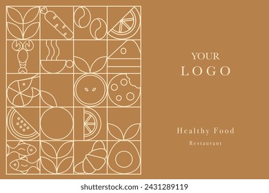 Web banner. Hand drawn illustration. Organic fruit, vegetable, fish, seafood, coffee and bakery geometric pattern. Abstract geometric line background. Gold luxury  Healthy Food pattern