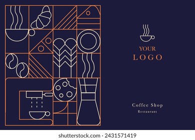 Web banner. Hand drawn illustration of Bakery and Coffee. Icons. Abstract geometric line background. Gold luxury