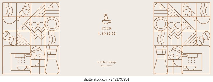 Web banner. Hand drawn illustration of Bakery and Coffee. Icons. Abstract geometric line background. Gold luxury. Illustration for cover design, food package, menu, background, café wall, coffee shop,