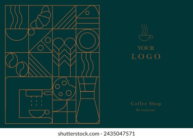 Web banner. Hand drawn illustration of Bakery and Coffee. Icons. Abstract geometric line background. Gold luxury