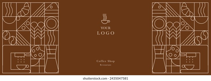 Web banner. Hand drawn illustration of Bakery and Coffee. Icons. Abstract geometric line background. Gold luxury. Illustration for cover design, food package, menu, background, café wall, coffee shop,