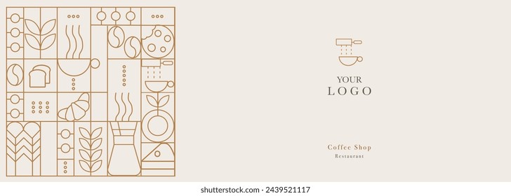 Web banner. Hand drawn illustration of Bakery and Coffee. Icons. Abstract geometric line background. Gold luxury. Illustration for cover design, food package, menu, background, café wall, coffee shop,