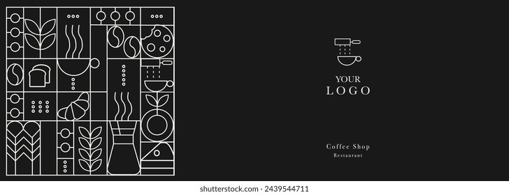 Web banner. Hand drawn illustration of Bakery and Coffee. Icons. Abstract geometric line background. Gold luxury. Illustration for cover design, food package, menu, background, café wall, coffee shop,