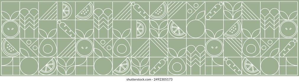 Web banner. Hand drawn illustration. Organic fruit, vegetable, fish, seafood, coffee and bakery geometric pattern. Abstract geometric line background. Gold luxury  Healthy Food pattern