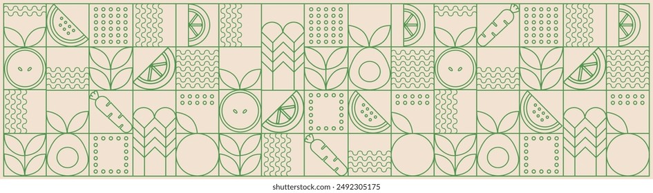 Web Anuncio. Dibujado a mano ilustración. Fruta orgánica, verdura, pescado, mariscos, café y panadería patrón geométrico. Abstractas fondo de línea geométrica. Patrón de comida saludable de lujo dorado