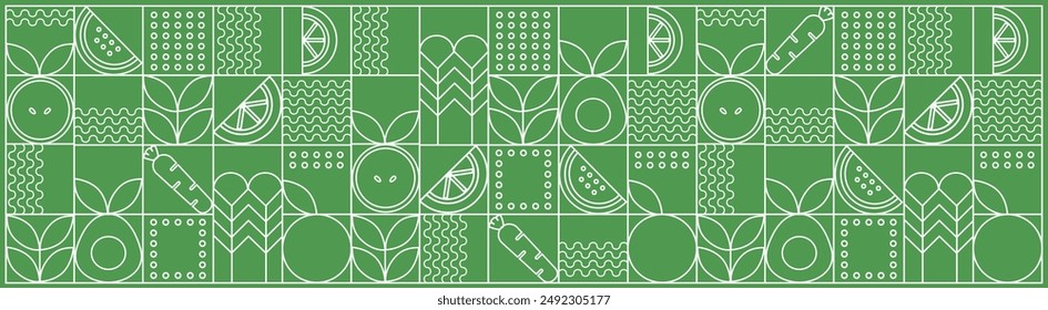 Web banner. Hand drawn illustration. Organic fruit, vegetable, fish, seafood, coffee and bakery geometric pattern. Abstract geometric line background. Gold luxury  Healthy Food pattern