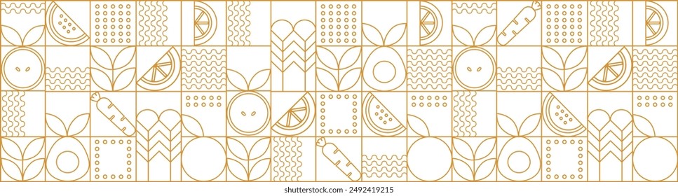 Web banner. Hand drawn illustration. Organic fruit, vegetable, fish, seafood, coffee and bakery geometric pattern. Abstract geometric line background. Gold luxury  Healthy Food pattern