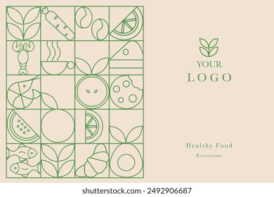 Web banner. Hand drawn illustration. Organic fruit, vegetable, fish, seafood, coffee and bakery geometric pattern. Abstract geometric line background. Gold luxury  Healthy Food pattern