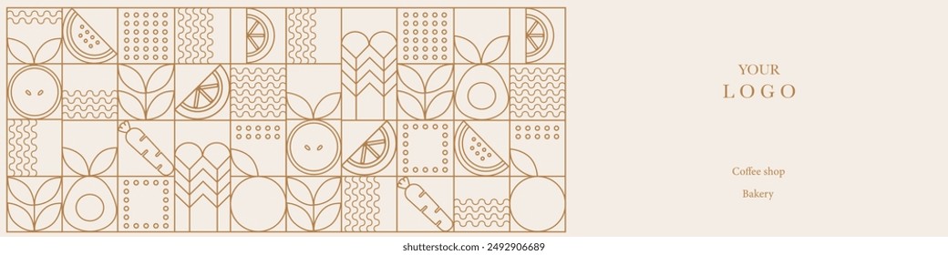 Web banner. Hand drawn illustration. Organic fruit, vegetable, fish, seafood, coffee and bakery geometric pattern. Abstract geometric line background. Gold luxury  Healthy Food pattern