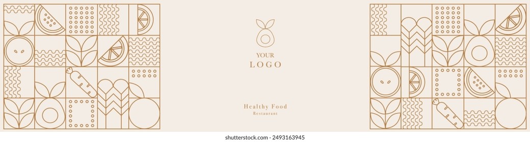 Web banner. Hand drawn illustration. Organic fruit, vegetable, fish, seafood, coffee and bakery geometric pattern. Abstract geometric line background. Gold luxury  Healthy Food pattern