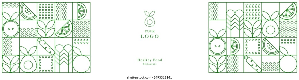 Web banner. Hand drawn illustration. Organic fruit, vegetable, fish, seafood, coffee and bakery geometric pattern. Abstract geometric line background. Gold luxury  Healthy Food pattern