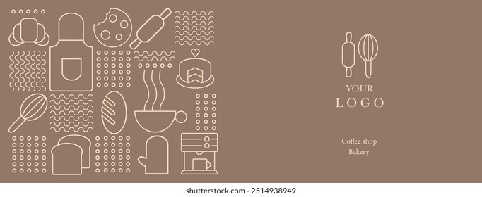 Web banner. Hand drawn illustration of Bakery and Coffee. Icons. Bread, cup of coffee, dish, cookie and croissant. Abstract geometric line background. 
