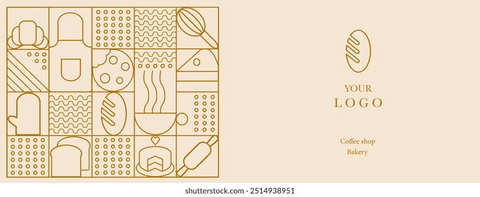 Web banner. Hand drawn illustration of Bakery and Coffee. Icons. Bread, cup of coffee, dish, cookie and croissant. Abstract geometric line background. 