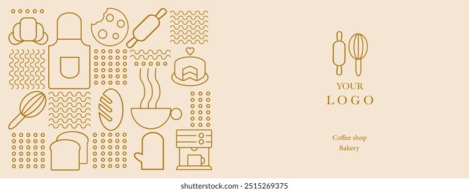 Anuncio de Web. Dibujado a mano ilustración de panadería y café. Iconos. Pan, taza de café, plato, galleta y croissant. Fondo de línea geométrica Abstractas. 