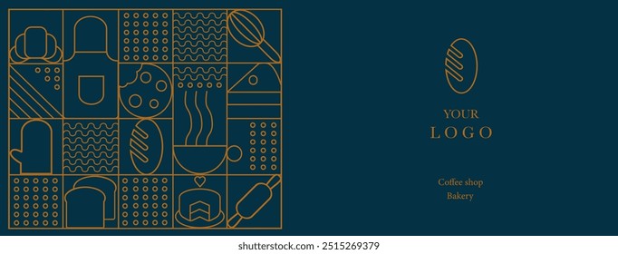 Web banner. Hand drawn illustration of Bakery and Coffee. Icons. Bread, cup of coffee, dish, cookie and croissant. Abstract geometric line background. 