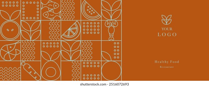 Web banner. Hand drawn illustration. Organic fruit, vegetable, fish, seafood, coffee and bakery geometric pattern. Abstract geometric line background. Gold luxury  Healthy Food pattern