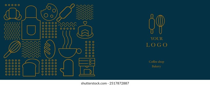 Web banner. Hand drawn illustration of Bakery and Coffee. Icons. Bread, cup of coffee, dish, cookie and croissant. Abstract geometric line background. 