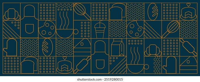 Web banner. Hand drawn illustration of Bakery and Coffee. Icons. Bread, cup of coffee, dish, cookie and croissant. Abstract geometric line background. 