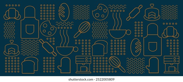 Web banner. Hand drawn illustration of Bakery and Coffee. Icons. Bread, cup of coffee, dish, cookie and croissant. Abstract geometric line background. 